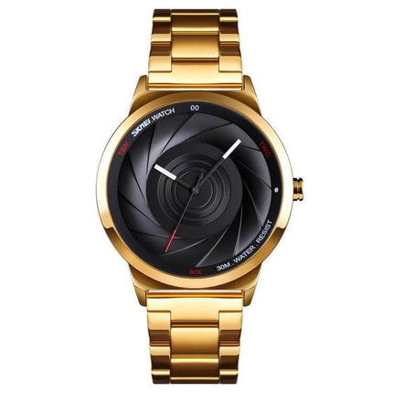 Skmei Gold Waterproof Business Wristwatch for Men gold stainless steel bracelet watch with black spiral dial, Japanese quartz, 30m water resistant