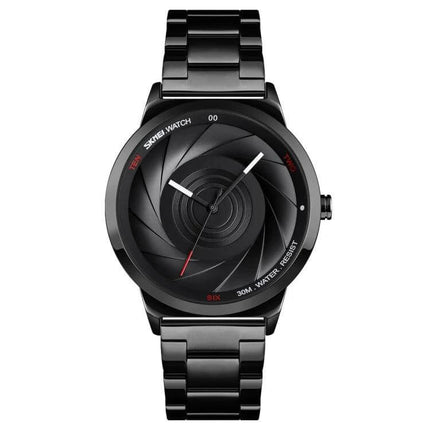 Skmei Gold Waterproof Business Wristwatch for Men - black stainless steel business watch with minimalist dial and 30m water resistance