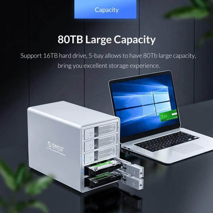 Orico 9528U3 Enclosure for 3.5-Inch External Hard Drives shown with laptop and 80TB capacity, USB 3.0 5-bay external storage for backups and media