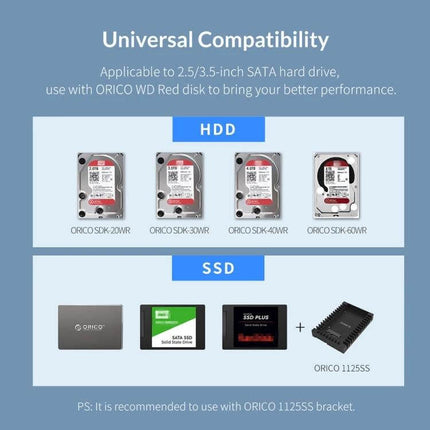 Orico 9528U3 Enclosure for 3.5-Inch External Hard Drives showing compatibility with 3.5" HDDs and 2.5" SSDs via USB 3.0