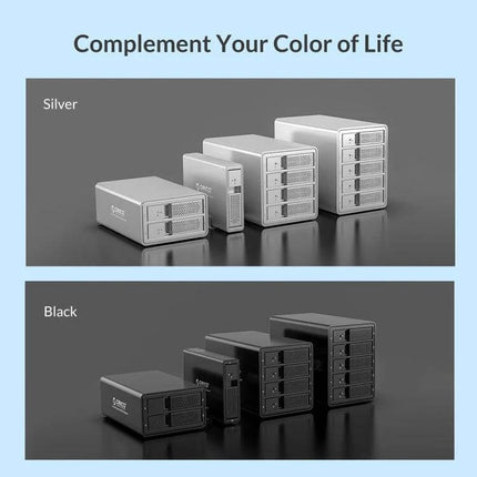 Orico 9528U3 Enclosure for 3.5-Inch External Hard Drives showing silver and black multi-bay models for desktop and laptop storage