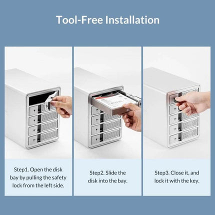 Orico 9528U3 Enclosure for 3.5-Inch External Hard Drives showing tool-free installation steps with drive sliding into bay and locking key