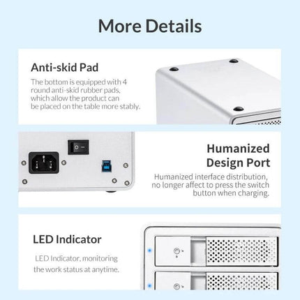 Orico 9528U3 Enclosure for 3.5-Inch External Hard Drives showing anti-skid pads, USB 3.0 port, power switch and LED indicator close-ups