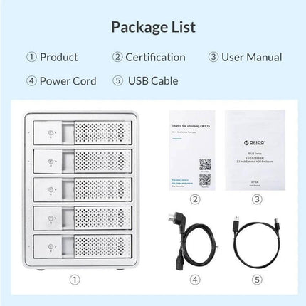 Orico 9528U3 Enclosure for 3.5-Inch External Hard Drives package list showing enclosure, certification, user manual, power cord and USB cable