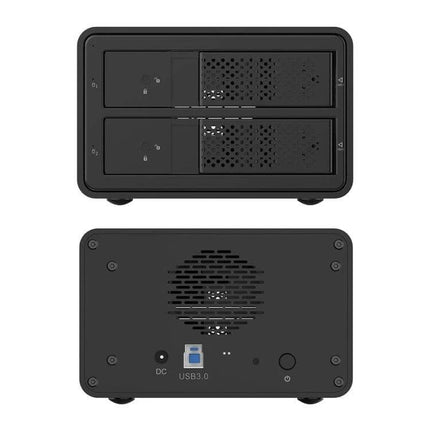 Orico 9528U3 Enclosure for 3.5-Inch External Hard Drives black dual-bay front and back view with USB 3.0 port for desktop laptop backups