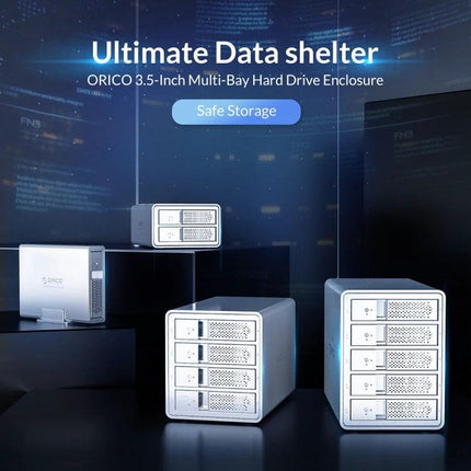 Orico 9528U3 Enclosure for 3.5-Inch External Hard Drives shown as multi-bay desktop USB 3.0 storage solution for backups and media