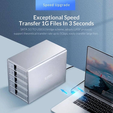 Orico 9528U3 Enclosure for 3.5-Inch External Hard Drives connected via USB 3.0 to laptop showing fast data transfer