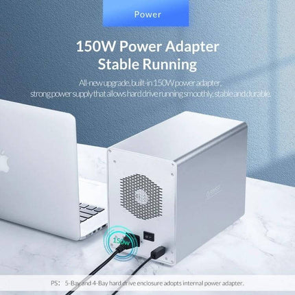 Orico 9528U3 Enclosure for 3.5-Inch External Hard Drives silver 5-bay with 150W power adapter and USB 3.0 connected to laptop