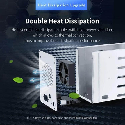 Orico 9528U3 Enclosure for 3.5-Inch External Hard Drives showing open chassis, built-in cooling fan and honeycomb heat dissipation vents