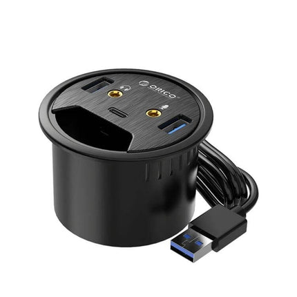 Orico Desktop Multi-Function Hub with USB and Audio Ports — round black desktop hub with USB-A, USB-C and dual audio jacks for home office and gaming