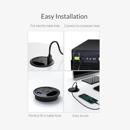 Orico Desktop Multi-Function Hub with USB and Audio Ports installed in desk hole showing USB and audio connections for PC and mobile