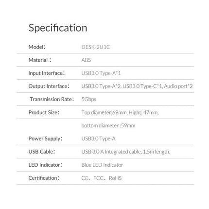 Orico Desktop Multi-Function Hub with USB and Audio Ports showing specifications table including USB3.0 ports, audio ports, transmission rate and dimensions