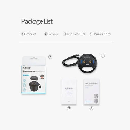 Orico Desktop Multi-Function Hub with USB and Audio Ports shown with packaging, cable, user manual and thanks card