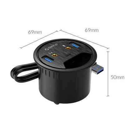Orico Desktop Multi-Function Hub with USB and Audio Ports black round desk grommet hub with two USB-A, audio jacks and USB cable (69x50mm)