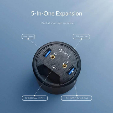 Orico Desktop Multi-Function Hub with USB and Audio Ports top view showing USB-C, two USB 3.0 ports and audio jacks