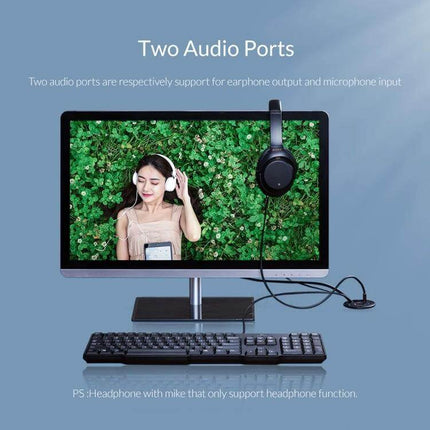 Orico Desktop Multi-Function Hub with USB and Audio Ports showing two audio ports connected to headphones on a desktop setup