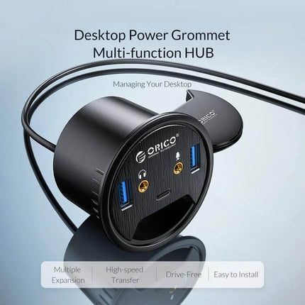 Orico Desktop Multi-Function Hub with USB and Audio Ports compact desktop grommet hub with dual USB and audio jacks