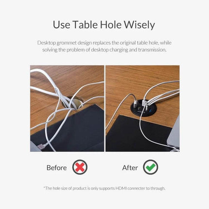 Orico Desktop Multi-Function Hub with USB and Audio Ports shown organizing cables through a desk grommet for neat home office setup