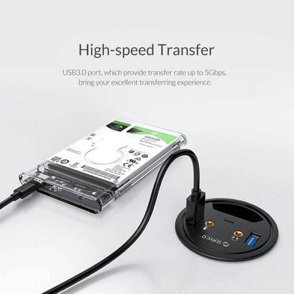 Orico Desktop Multi-Function Hub with USB and Audio Ports shown connecting an external drive for high-speed USB3.0 transfer and audio passthrough