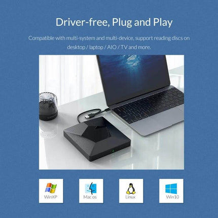ORICO USB 3.0 External CD Drive for Disc Reading and Playback shown connected to a laptop on a desk, driver-free plug and play compatibility