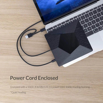 ORICO USB 3.0 External CD Drive for Disc Reading and Playback connected to laptop for reading and burning CDs and DVDs