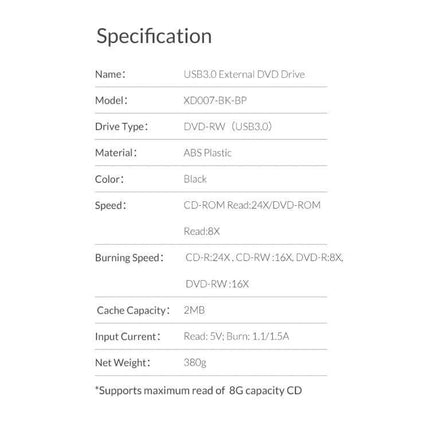 ORICO USB 3.0 External CD Drive for Disc Reading and Playback specification sheet showing model, drive type, speeds, weight and features