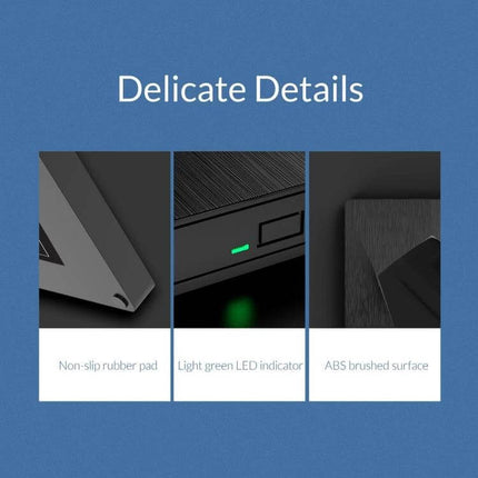 ORICO USB 3.0 External CD Drive for Disc Reading and Playback showing non-slip rubber pad, light green LED indicator and ABS brushed surface