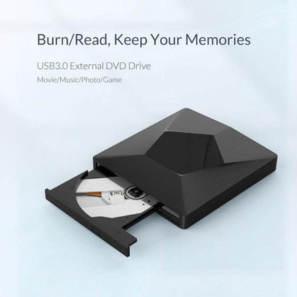 ORICO USB 3.0 External CD Drive for Disc Reading and Playback - sleek black external USB 3.0 CD/DVD drive with tray open and disc inside