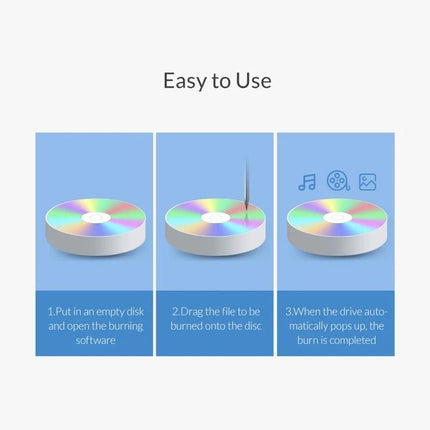 ORICO USB 3.0 External CD Drive for Disc Reading and Playback showing easy three-step disc burning and playback instructions