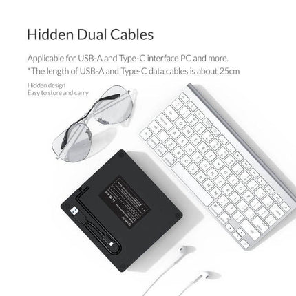ORICO USB 3.0 External CD Drive for Disc Reading and Playback shown with hidden dual cables beside keyboard and sunglasses