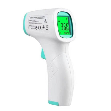 Non Contact Infrared Forehead Thermometer For Baby And Adult showing 36.6°C on green LCD, ergonomic white and teal pistol-grip design