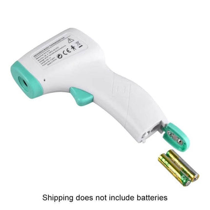 Non Contact Infrared Forehead Thermometer For Baby And Adult handheld white-green infrared forehead thermometer with LCD, battery compartment open, batteries shown
