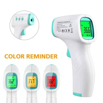 Non Contact Infrared Forehead Thermometer For Baby And Adult showing LCD screen, color reminder fever alerts, handheld non-contact infrared design