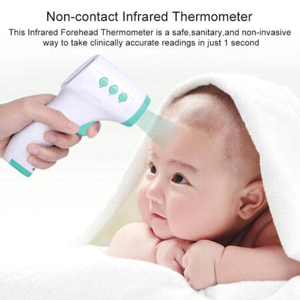 Non Contact Infrared Forehead Thermometer For Baby And Adult being used to take a fast non-contact forehead reading on an infant with clear LCD device display