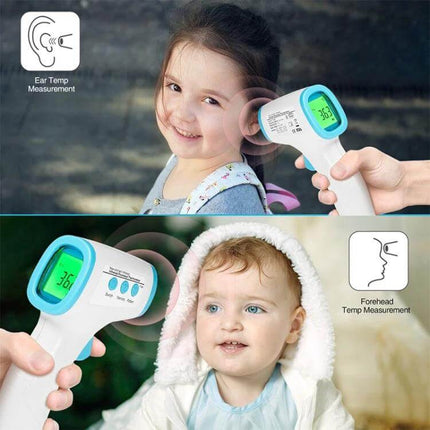 Non Contact Infrared Forehead Thermometer For Baby And Adult being used to quickly take a child and baby forehead temperature with clear LCD display