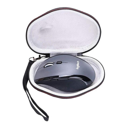 Durable EVA Hard Case for Wireless Mouse Travel Protection - compact zip-up protective case with wrist strap holding a wireless mouse