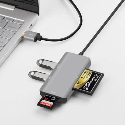 Onten USB Hub with Built-in SD, CF, and TF Card Reader connected to laptop with SD, CF, TF cards inserted for photo and video transfer