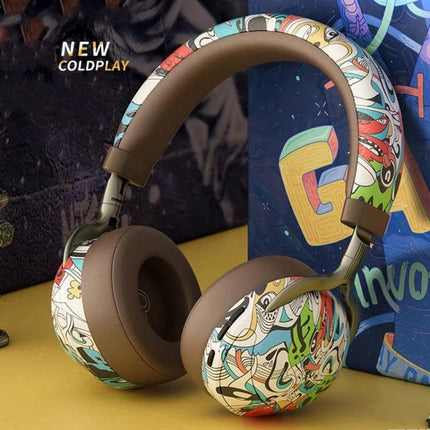 Graffiti On-Ear Wireless Headset With Printed Design showing brown padded cups and colorful graffiti print