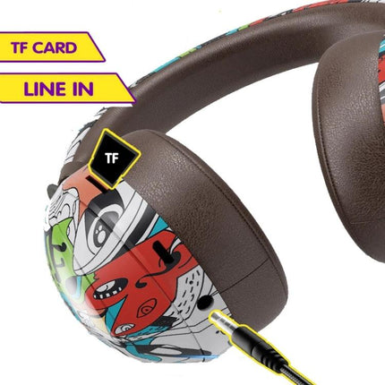 Graffiti On-Ear Wireless Headset With Printed Design showing TF card slot, line-in jack and colorful graffiti print