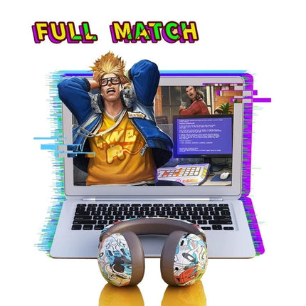 Graffiti On-Ear Wireless Headset With Printed Design shown in front of laptop gaming scene, Bluetooth, TF card, FM radio