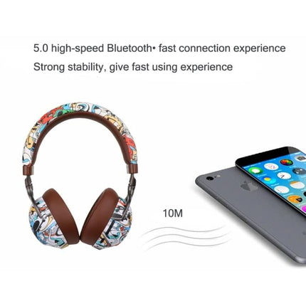 Graffiti On-Ear Wireless Headset With Printed Design showing Bluetooth 5.0 connection to smartphone, 10m range