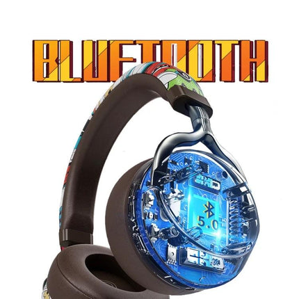 Graffiti On-Ear Wireless Headset With Printed Design showing blue Bluetooth 5.0 circuitry and colorful graffiti headband