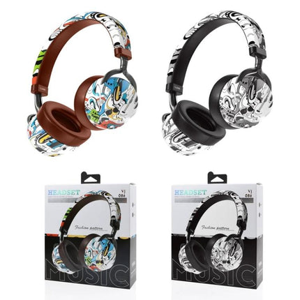 Graffiti On-Ear Wireless Headset With Printed Design showing two color variants and packaging, Bluetooth wireless headphone set