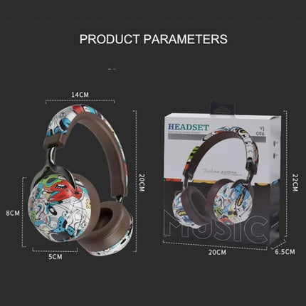 Graffiti On-Ear Wireless Headset With Printed Design shown next to packaging, dimensions and colorful graffiti print