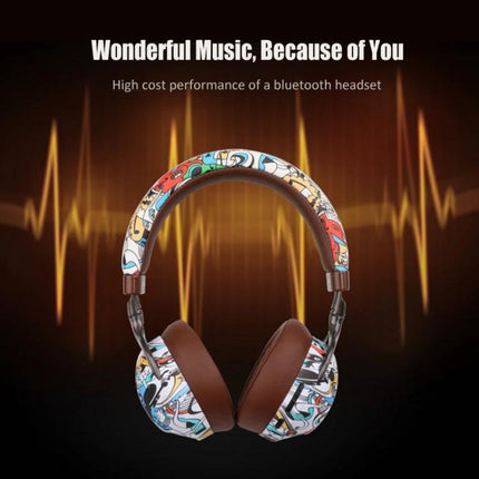 Graffiti On-Ear Wireless Headset With Printed Design in colorful street art print, Bluetooth on-ear headphones with brown ear cushions