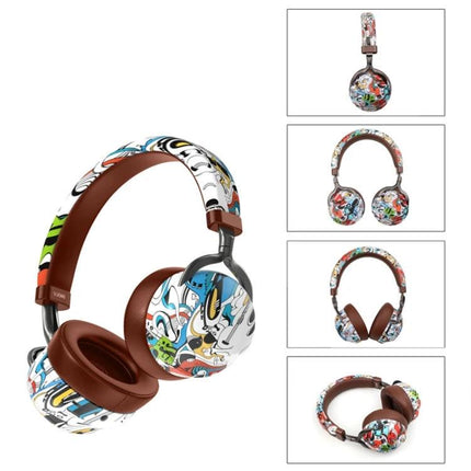 Graffiti On-Ear Wireless Headset With Printed Design showing colorful water transfer print, Bluetooth, brown cushions