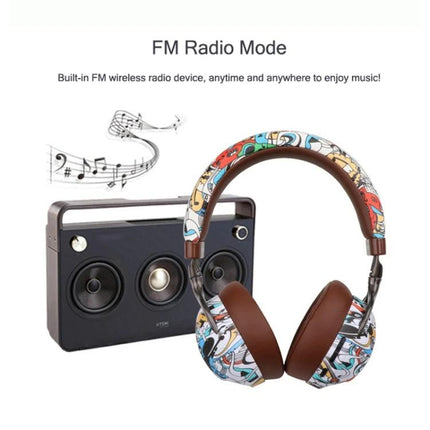 Graffiti On-Ear Wireless Headset With Printed Design showing colorful graffiti headset with FM radio and music notes
