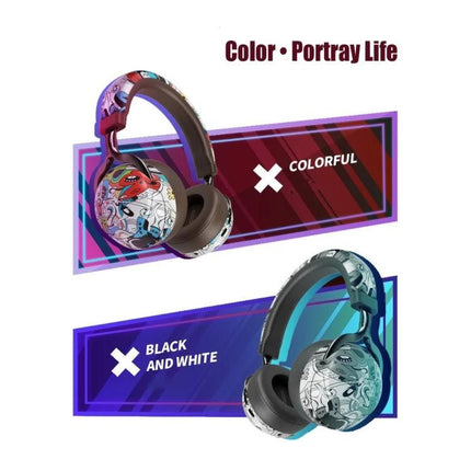 Graffiti On-Ear Wireless Headset With Printed Design showing colorful and black-and-white graffiti print options