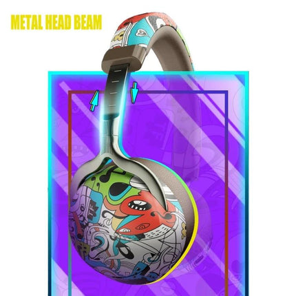 Graffiti On-Ear Wireless Headset With Printed Design - colorful water transfer graffiti print, Bluetooth 5.0, wired/TF playback