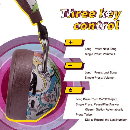 Graffiti On-Ear Wireless Headset With Printed Design showing control buttons, graffiti print and three‑key functions